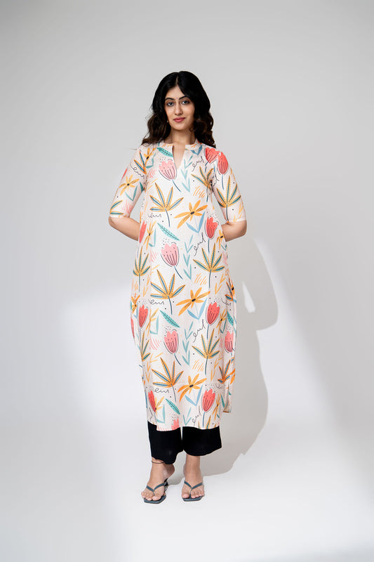 Off White Floral Muslin Kurta Set