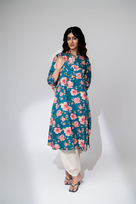 Teal Green Floral Kurta Set