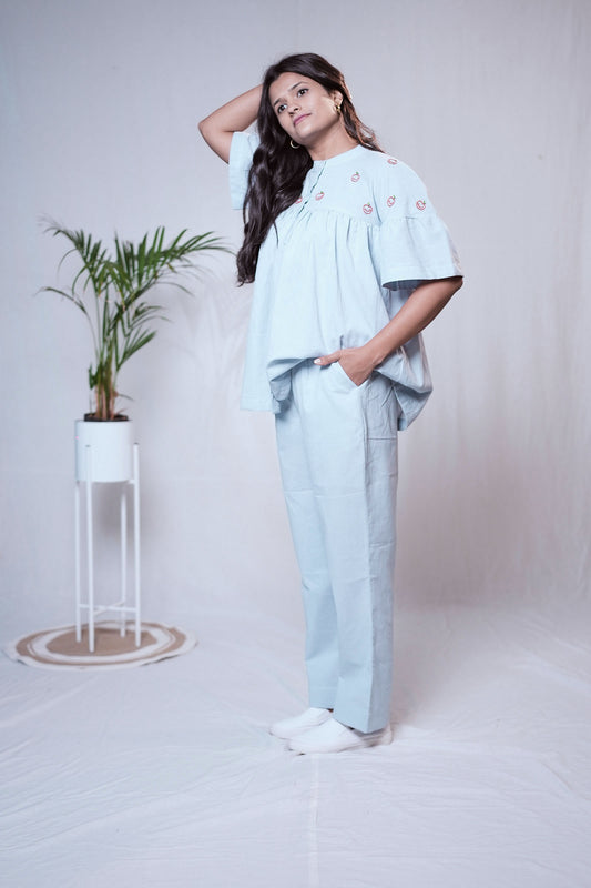 Columbia Blue Apple Embroidered Co ord