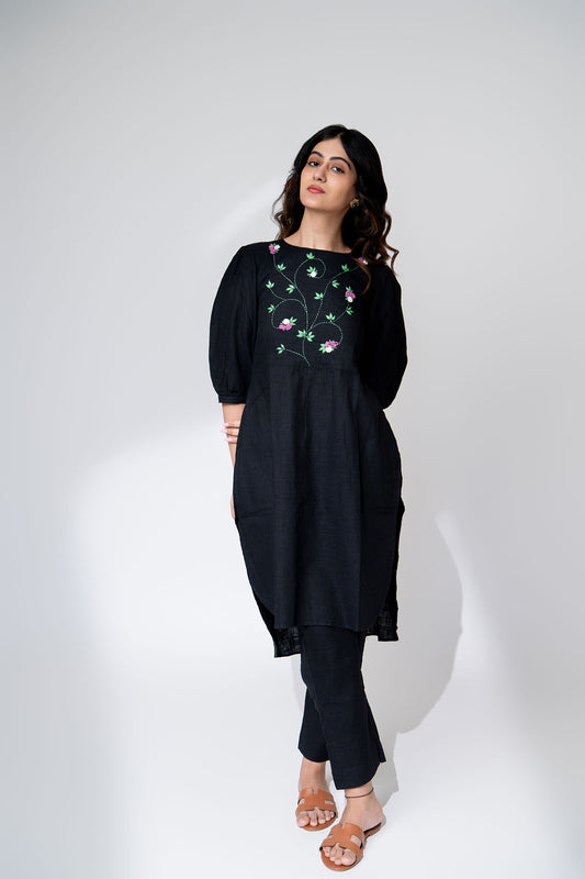 Black Floral Embroidery Yoke Kurta Set