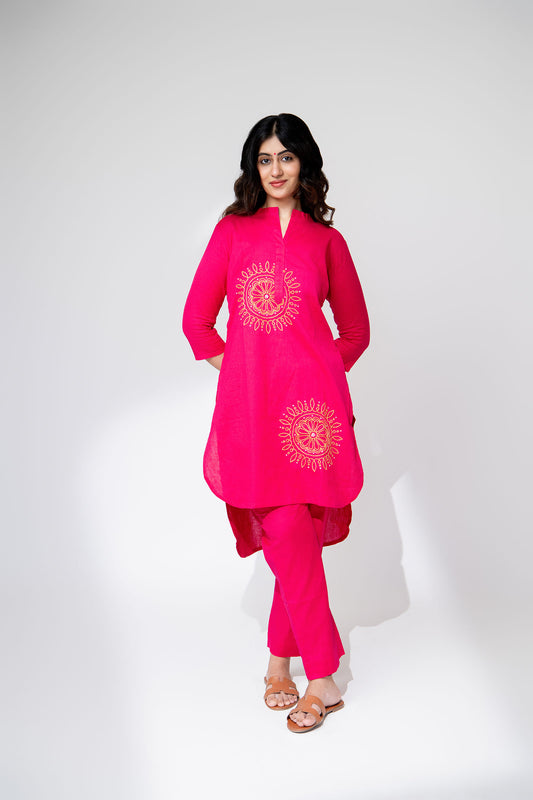 Hot Pink Hand Embroidery Kurta Set