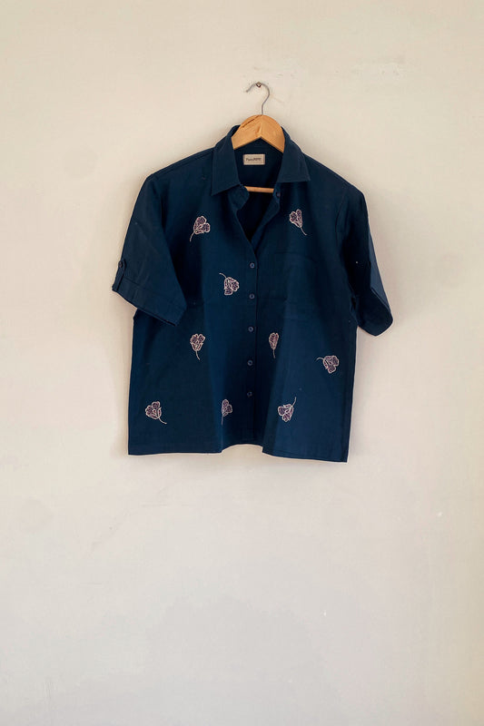 Navy Blue Gingko Leaves Embroidery Shirt (Unisex)