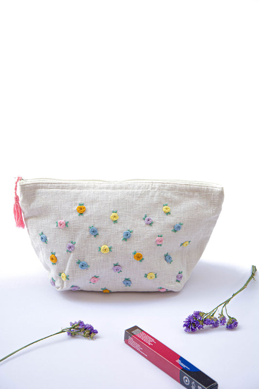 Pastel Roses Embroidery Multi Purpose Big Pouch