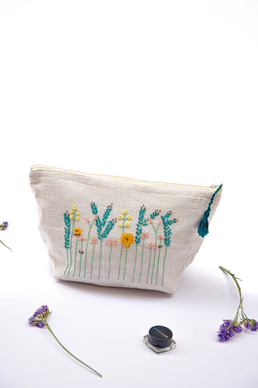 Aqua Meadow Embroidery Multi Purpose Big Pouch