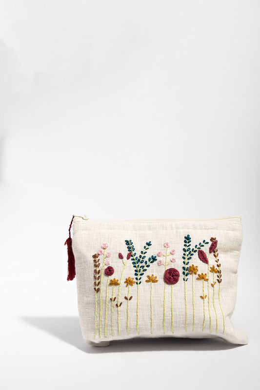 Maroon Wildflowers Embroidery Multi Purpose Small Pouch